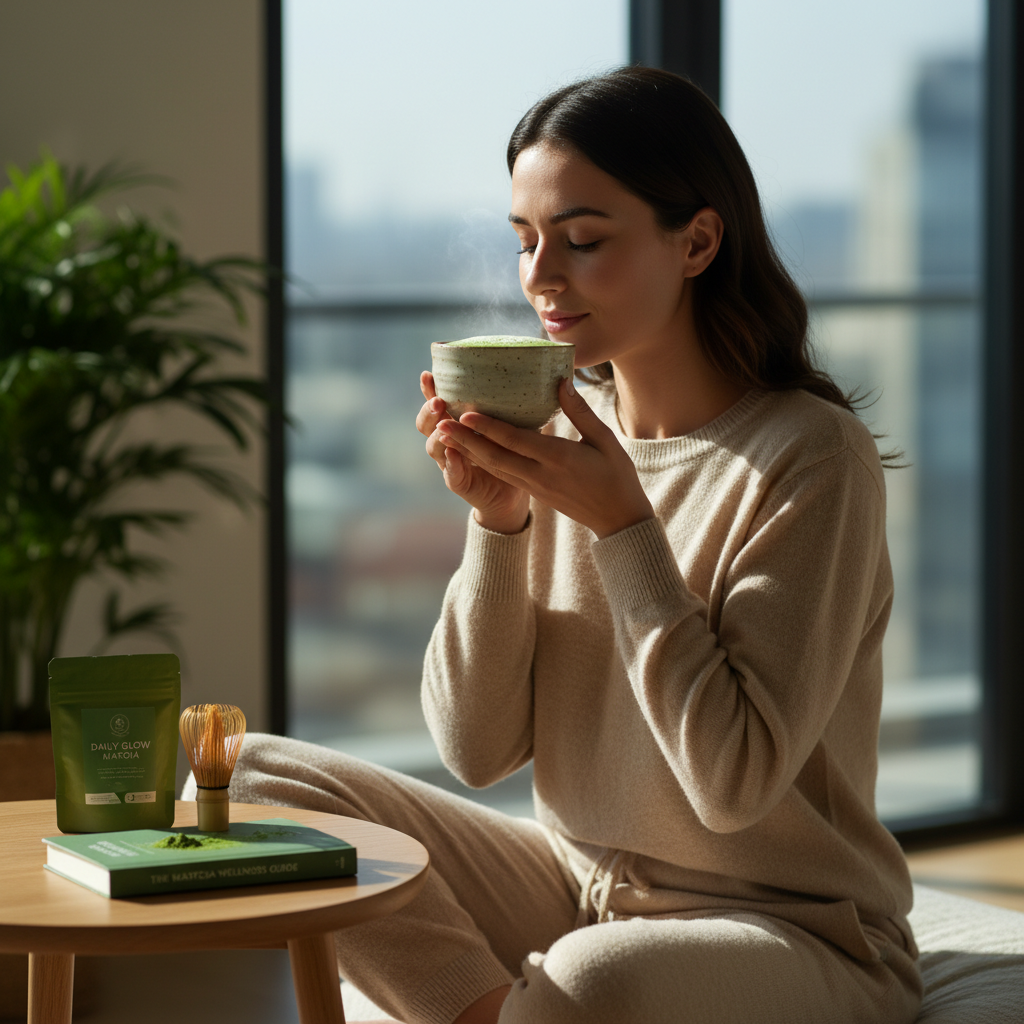 Woman drinking matcha daily for health benefits