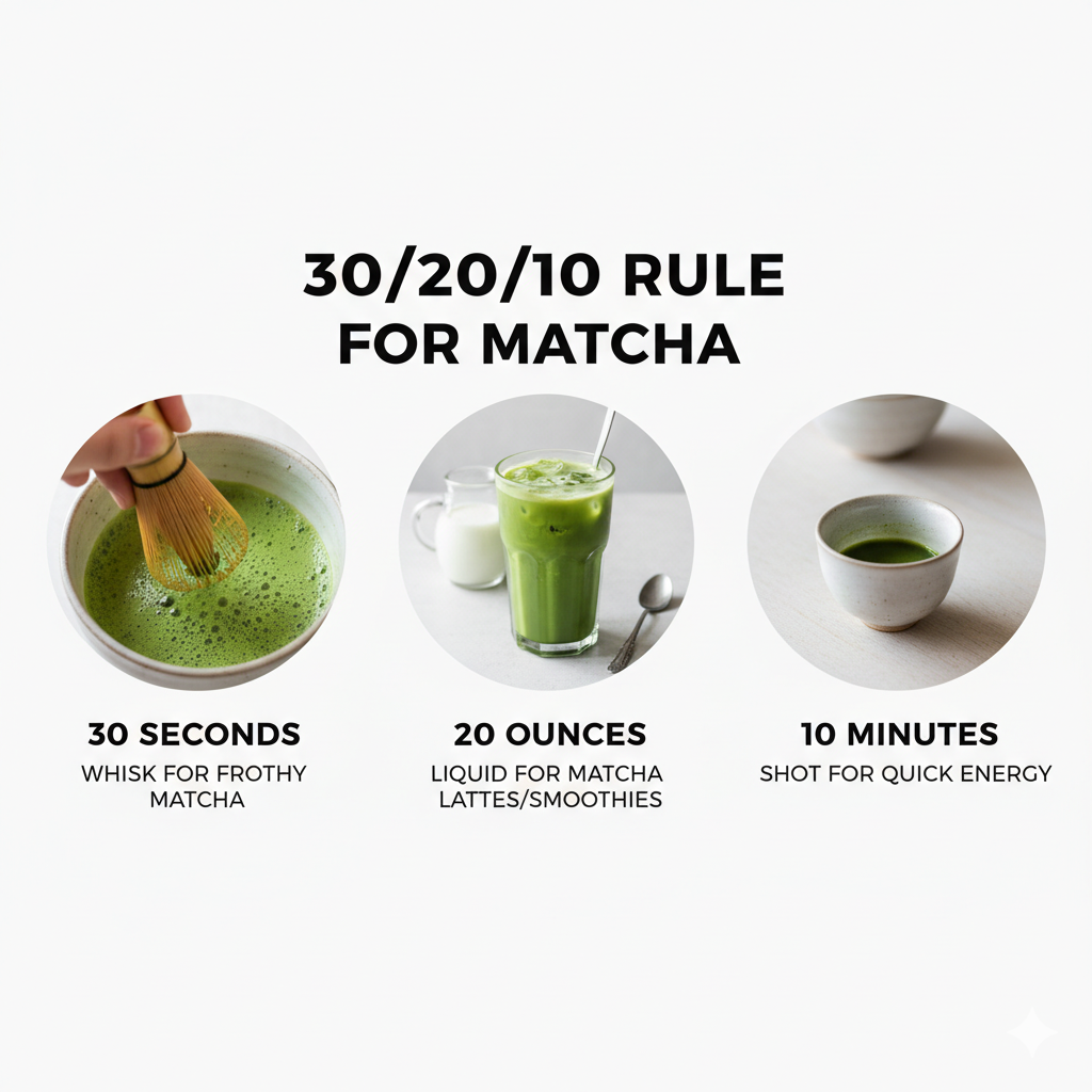 30/20/10 rule for matcha preparation showing temperature, whisking, and ratio measurements