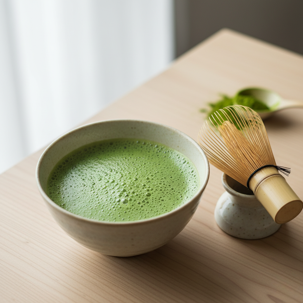 A close-up of a traditional bowl showing how to drink matcha for beginners with a bamboo whisk and frothy tea.